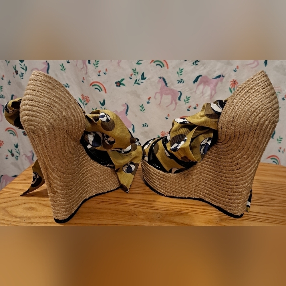 EUC RARE Vintage Y2K Gucci Platform Boho Jute & Silk Wedge Espadrille Shoe SZ 6 - Picture 4 of 10